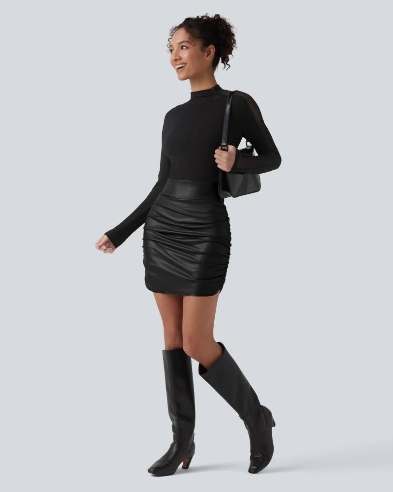 High Waisted Tummy Control Ruched Fleece Mini Skirt