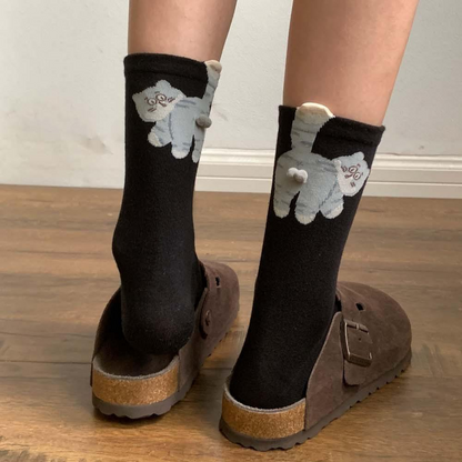 3 Pairs Cute Cat Socks with Pom Poms Soft Cotton
