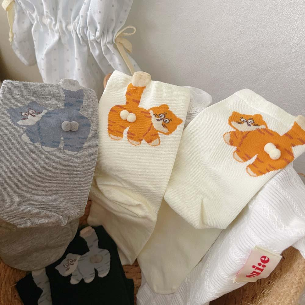 3 Pairs Cute Cat Socks with Pom Poms Soft Cotton