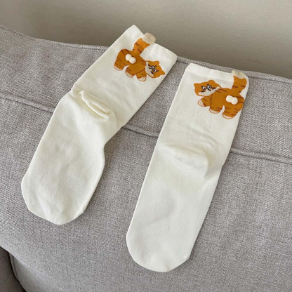 3 Pairs Cute Cat Socks with Pom Poms Soft Cotton