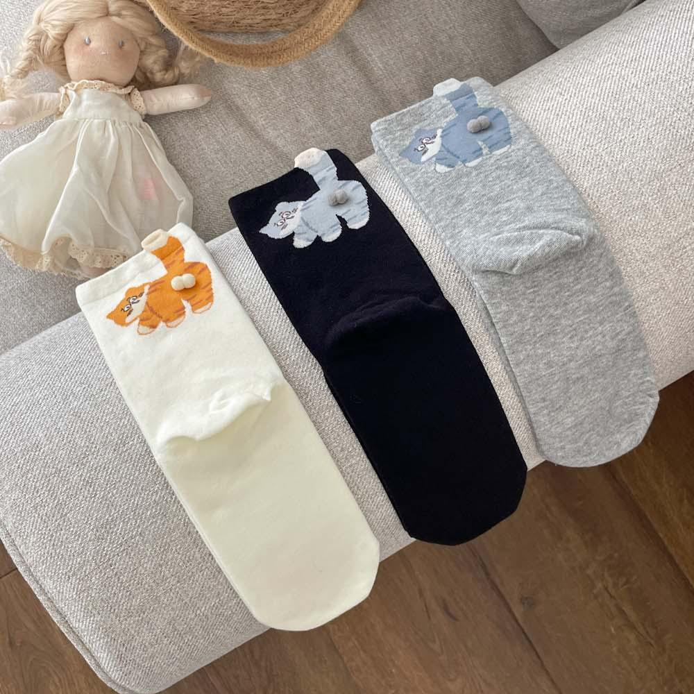 3 Pairs Cute Cat Socks with Pom Poms Soft Cotton