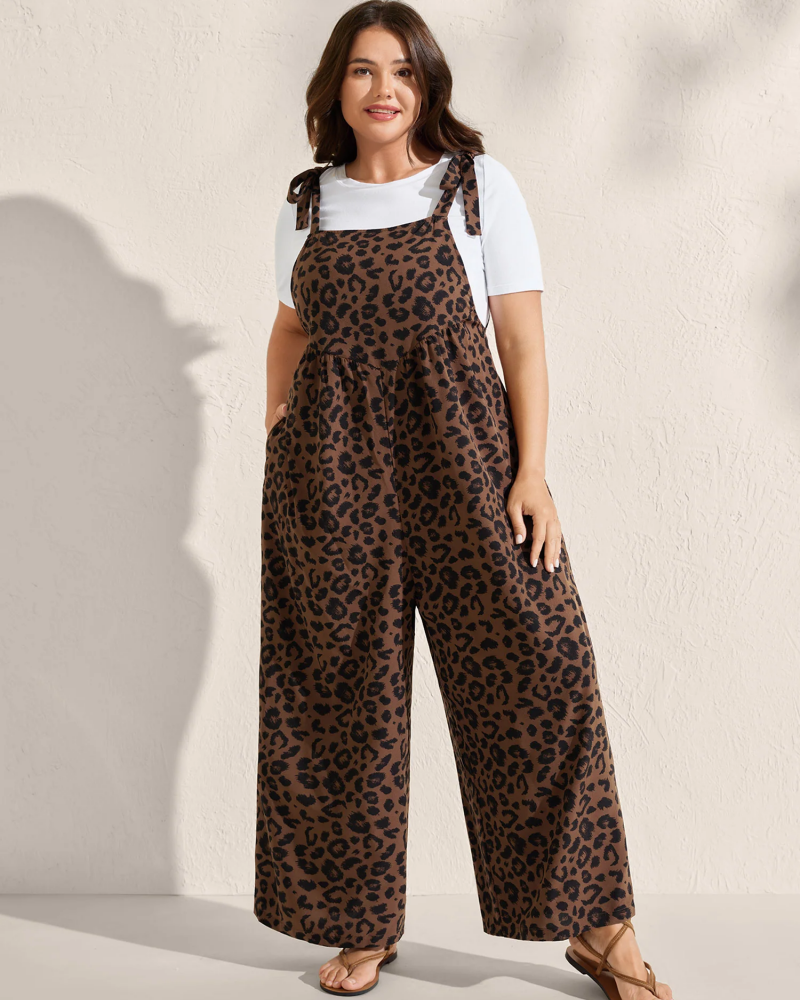 Leopard Print Jumpsuit with Shirred Shoulder Ties and Square Neck