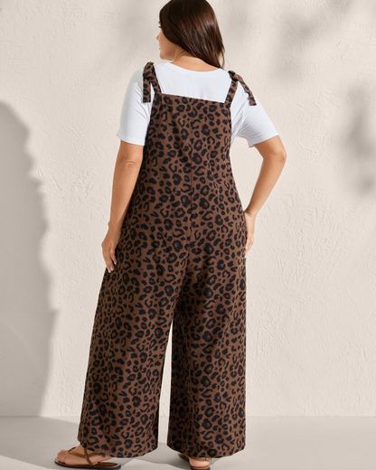 Leopard Print Jumpsuit with Shirred Shoulder Ties and Square Neck