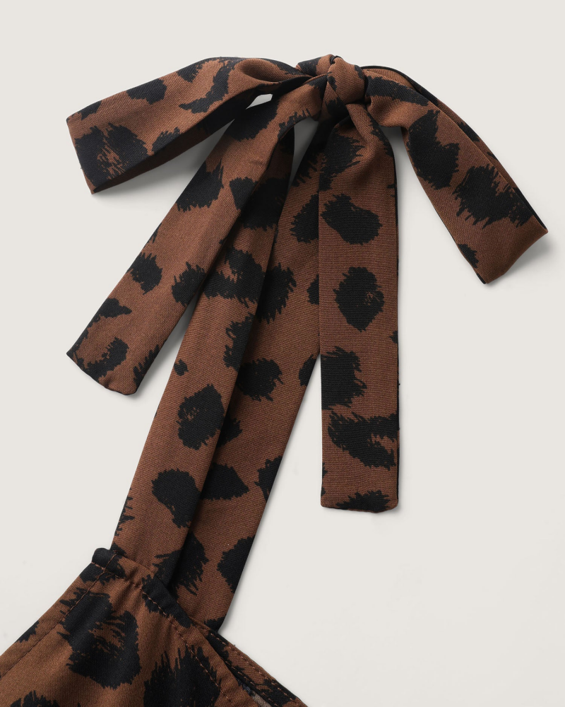 Leopard Print Jumpsuit with Shirred Shoulder Ties and Square Neck