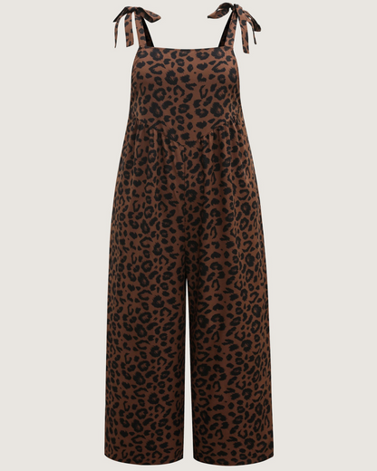 Leopard Print Jumpsuit with Shirred Shoulder Ties and Square Neck