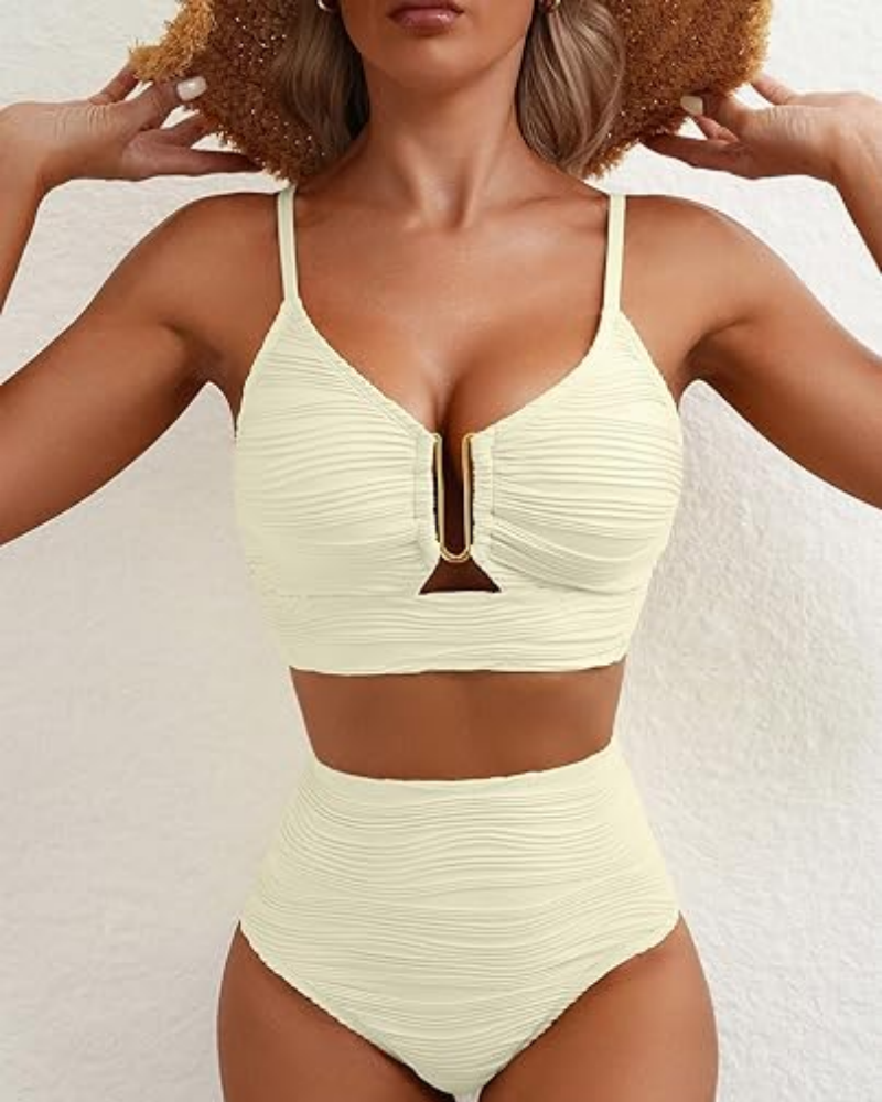 High Waisted Bikini Set Tummy Control 2 Piece Textured Swimsuit