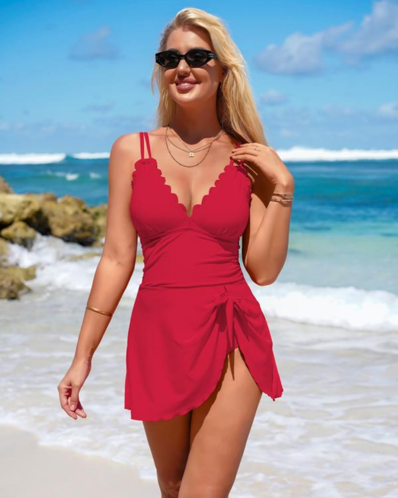 Tummy Control Swimsuit Dress for Women Knot Detail Skirt