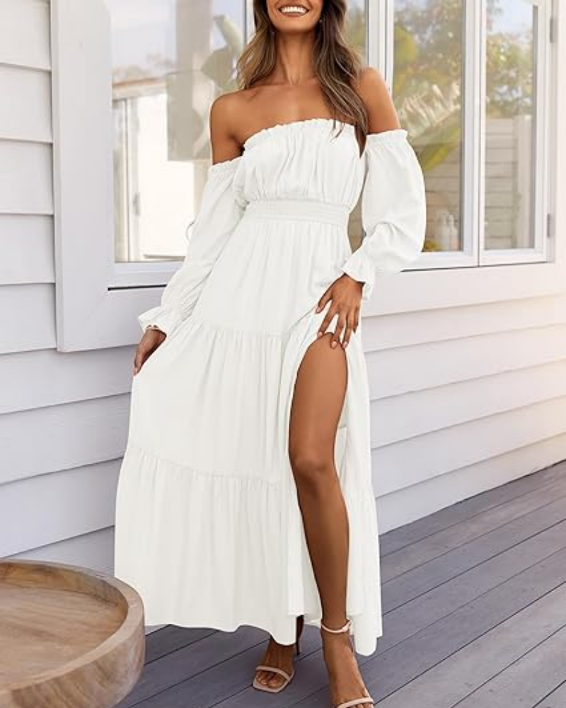 Women's Off Shoulder Maxi Dress Smocked High Waist with Side Slit