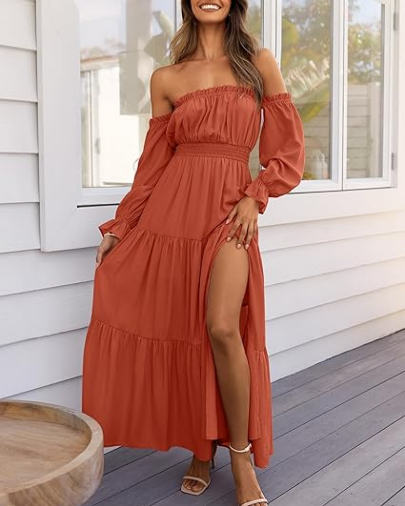 Women's Off Shoulder Maxi Dress Smocked High Waist with Side Slit