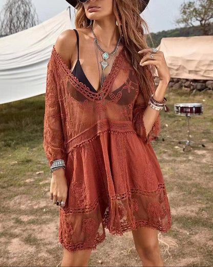 Boho Lace Beach Cover-Up Dress – V-Neck Sheer Swim Cover