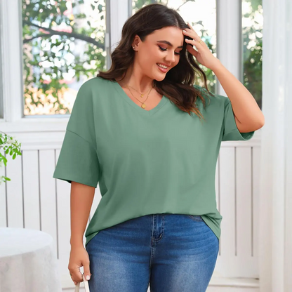 Women's Plus Size V Neck Half Sleeve Tunic Tee Loose Fit Cotton Summer