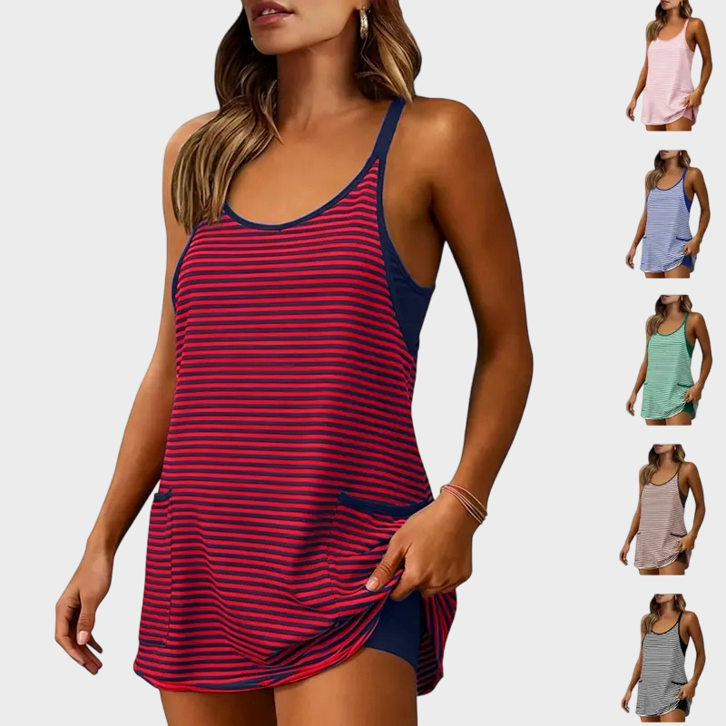 Women's Summer U Neck Sleeveless Striped Mini Dress with Built-in Shorts