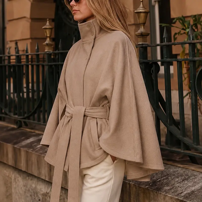 Women's Wool Blend Poncho Coat Oversized Belted Stand Collar Cropped