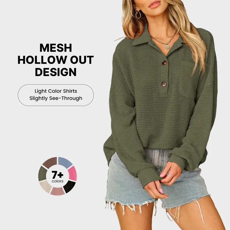 Women's Oversized Henley Waffle Shirt V Neck Long Sleeve