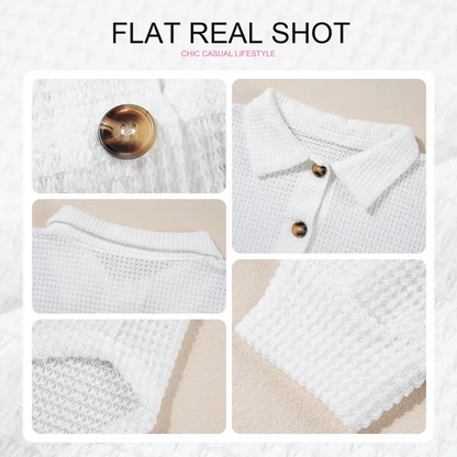 Women's Oversized Henley Waffle Shirt V Neck Long Sleeve