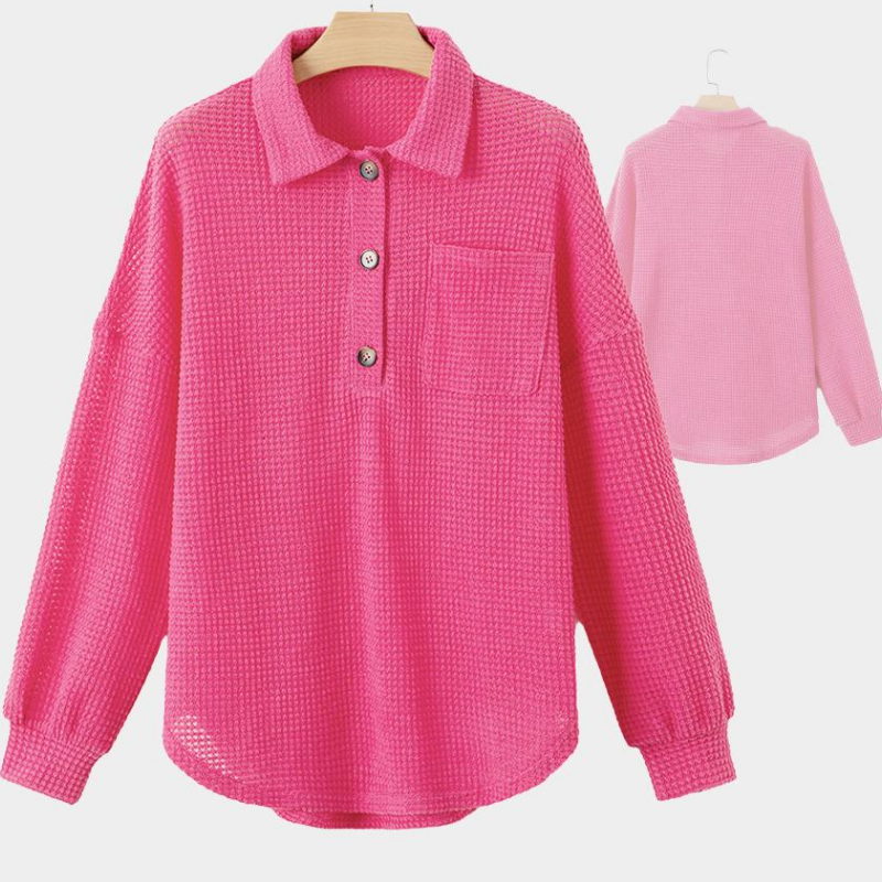 Women's Oversized Henley Waffle Shirt V Neck Long Sleeve