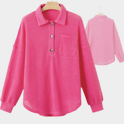 Women's Oversized Henley Waffle Shirt V Neck Long Sleeve