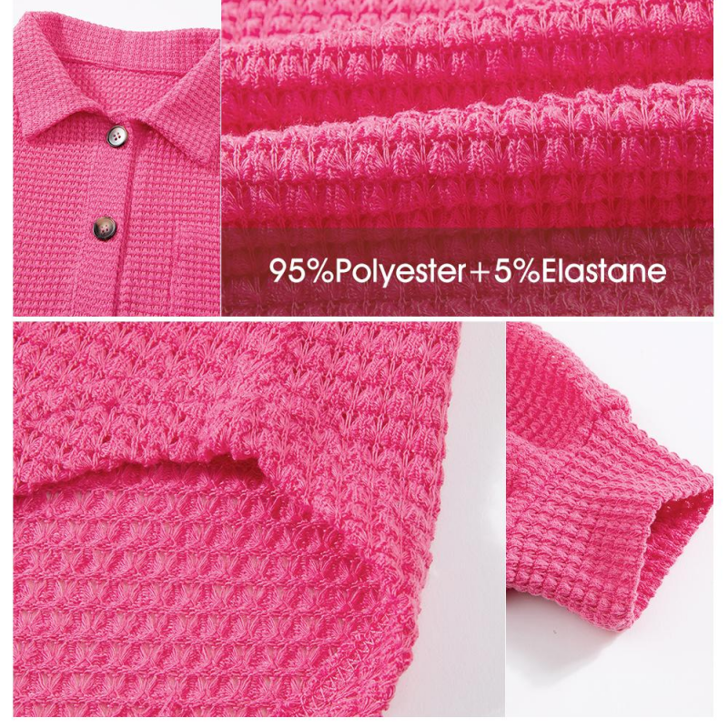 Women's Oversized Henley Waffle Shirt V Neck Long Sleeve