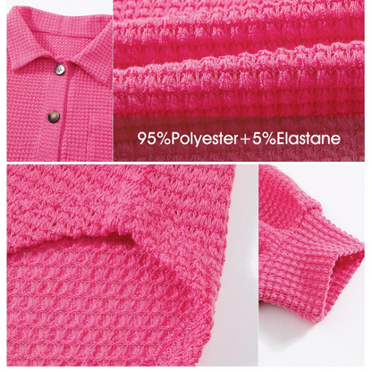Women's Oversized Henley Waffle Shirt V Neck Long Sleeve