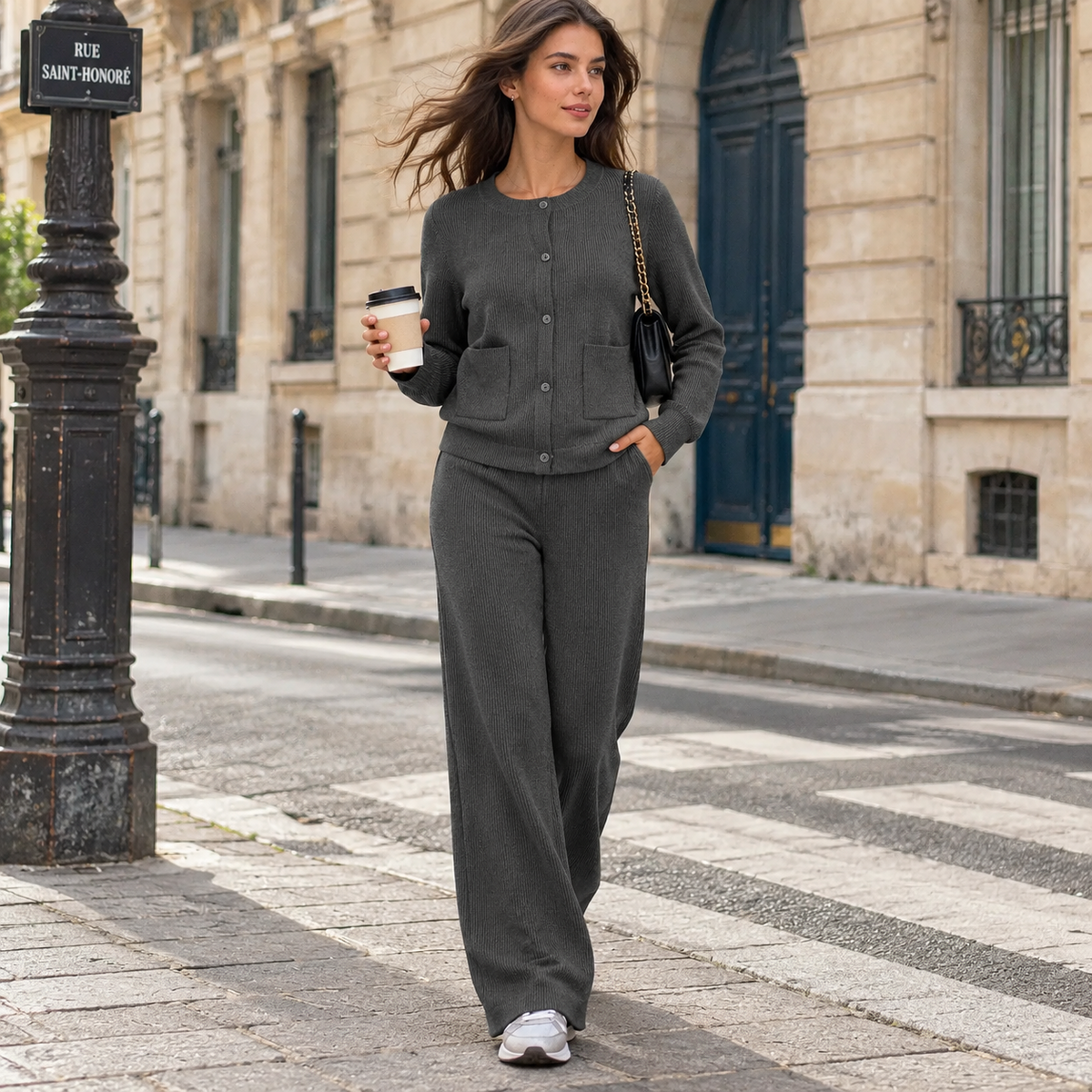 Women's Casual Knit Sweater Set Round Neck Wide Leg Pants