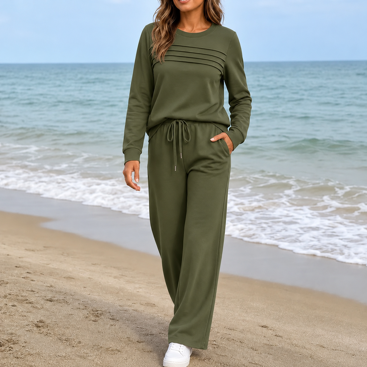 Women's Crew Neck Top and Drawstring Pants Casual Set