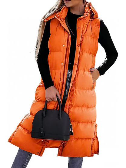 🔥 Women's Long Puffer Vest | Quilted Hood & Button Closure ❄️