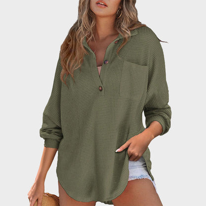 Women's Oversized Henley Waffle Shirt V Neck Long Sleeve