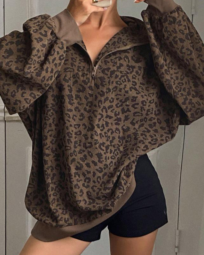Women Casual Zip Up Front Long Sleeve Leopard Print Sweatshirt