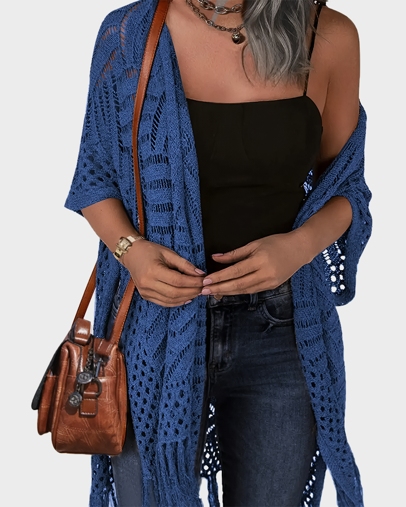 Women's Lightweight Crochet Cardigan Oversized Open Front Tassel Kimono