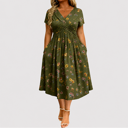 Women's V-Neck Floral Print Dress with Twist Waist