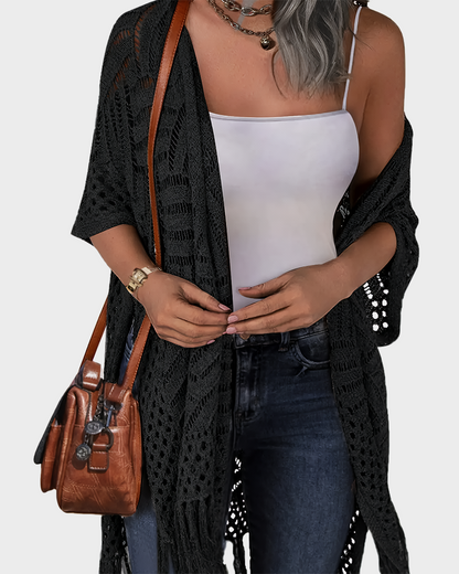 Women's Lightweight Crochet Cardigan Oversized Open Front Tassel Kimono