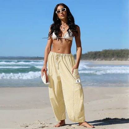 Womens Wide Leg Gingham Striped Plaid Pants