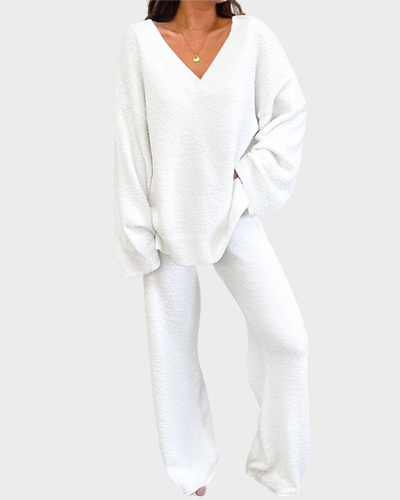 Soft Fuzzy V-Neck Loungewear Set