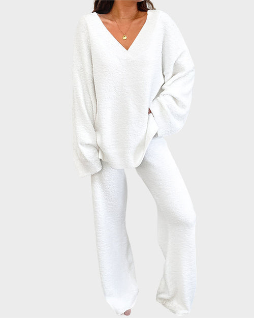 Soft Fuzzy V-Neck Loungewear Set