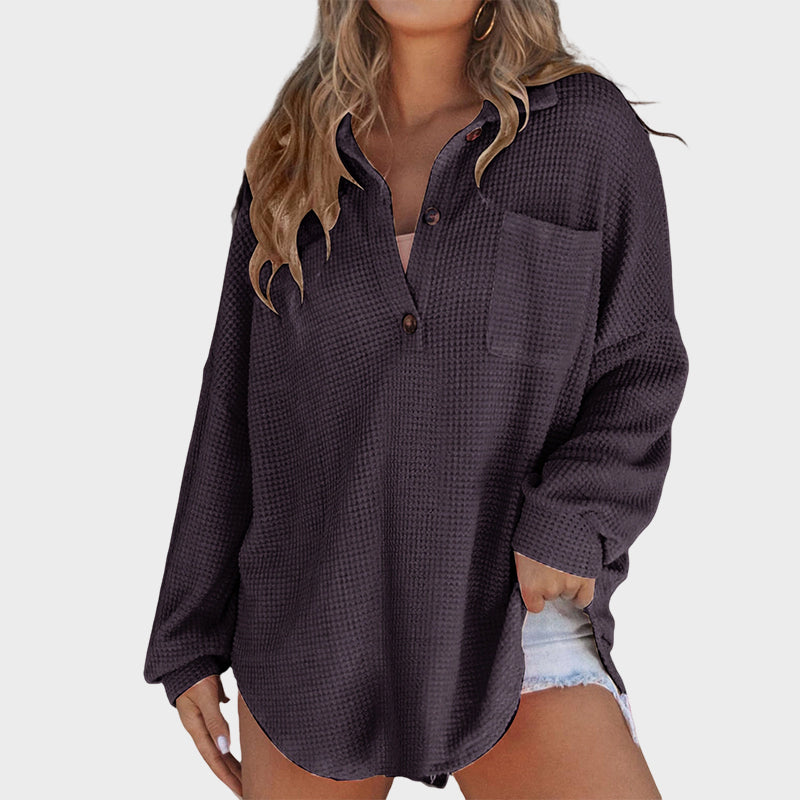 Women's Oversized Henley Waffle Shirt V Neck Long Sleeve