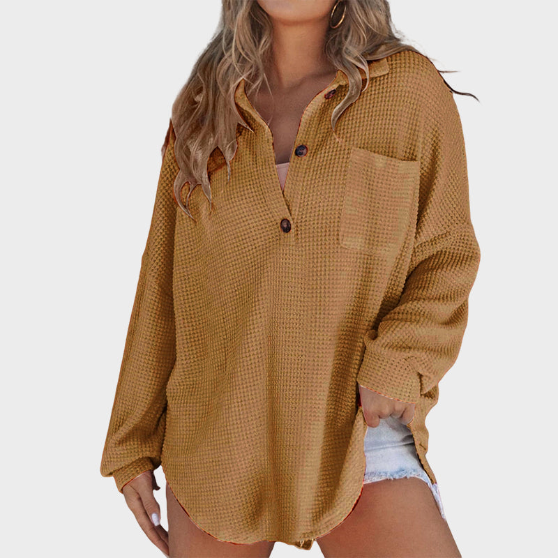 Women's Oversized Henley Waffle Shirt V Neck Long Sleeve