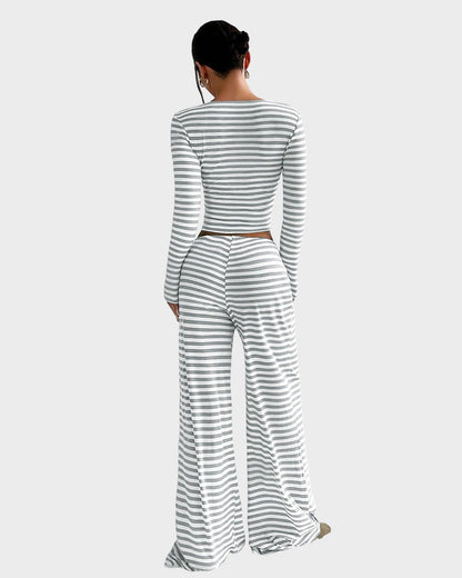 Stripe Crop Top & Wide Leg Two-Piece Lounge Set