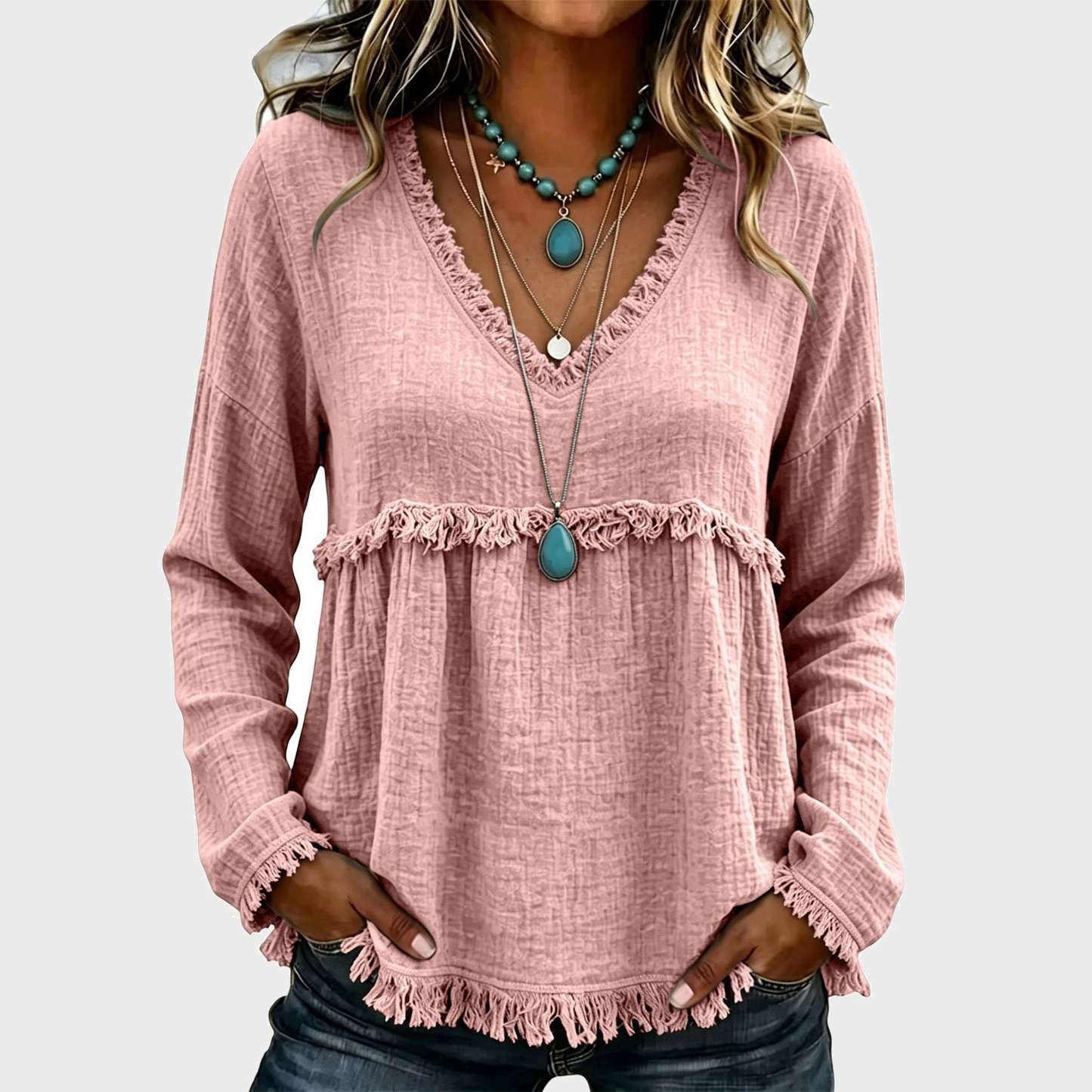 Women’s Boho V Neck Long Sleeve Fringe Top