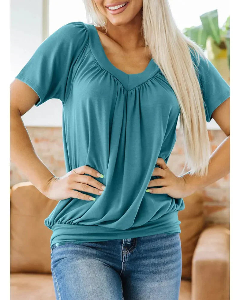 Women's Casual Summer V Neck Short Sleeve T Shirt Loose Fit Comfort Shirred Top