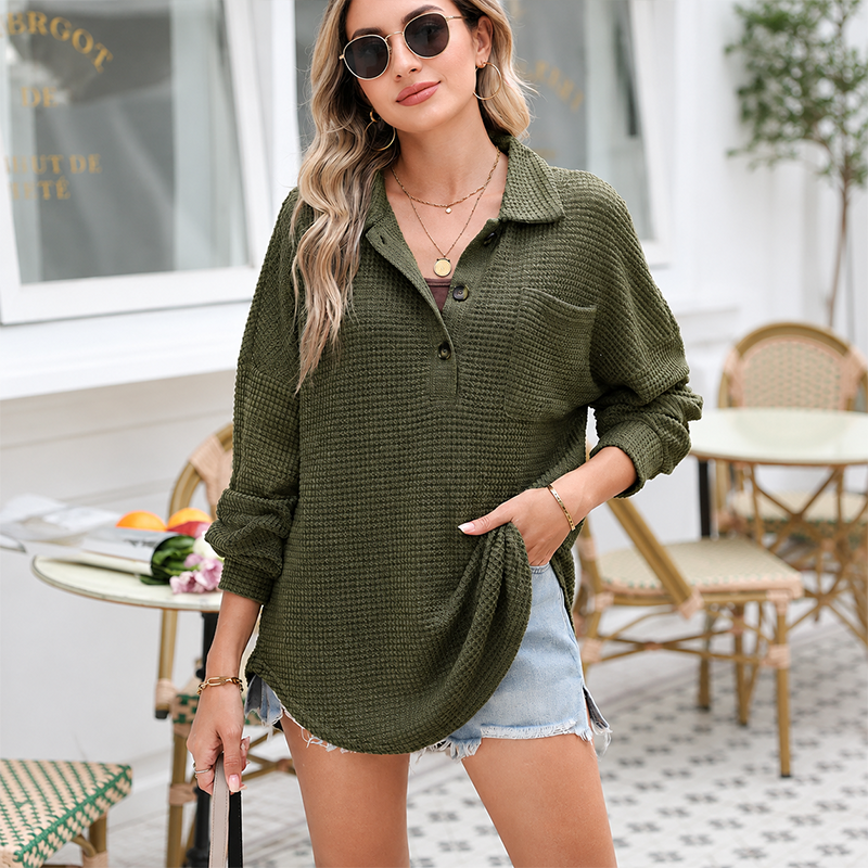 Women's Oversized Henley Waffle Shirt V Neck Long Sleeve