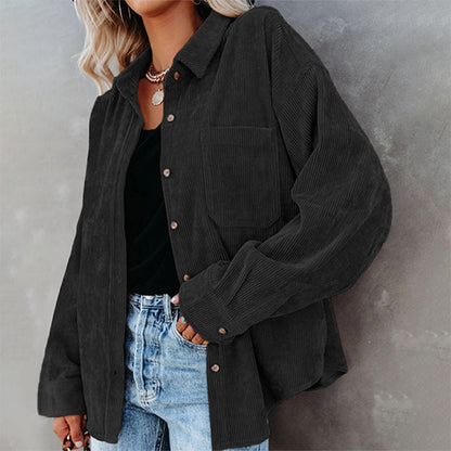 Women's Plain Pocket Button Front Corduroy Shirt