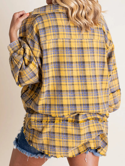 Women's Seams Raw Edge Washed Oversized Shirt Jacket with Pockets