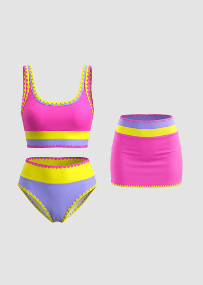 Color Contrast Patchwork Nylon Sporty 3 Piece Bikini Sets