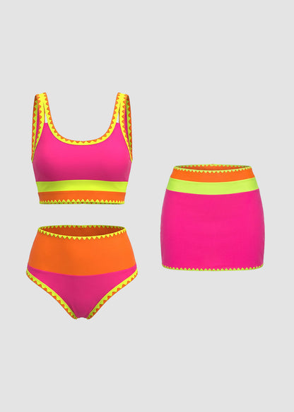Color Contrast Patchwork Nylon Sporty 3 Piece Bikini Sets