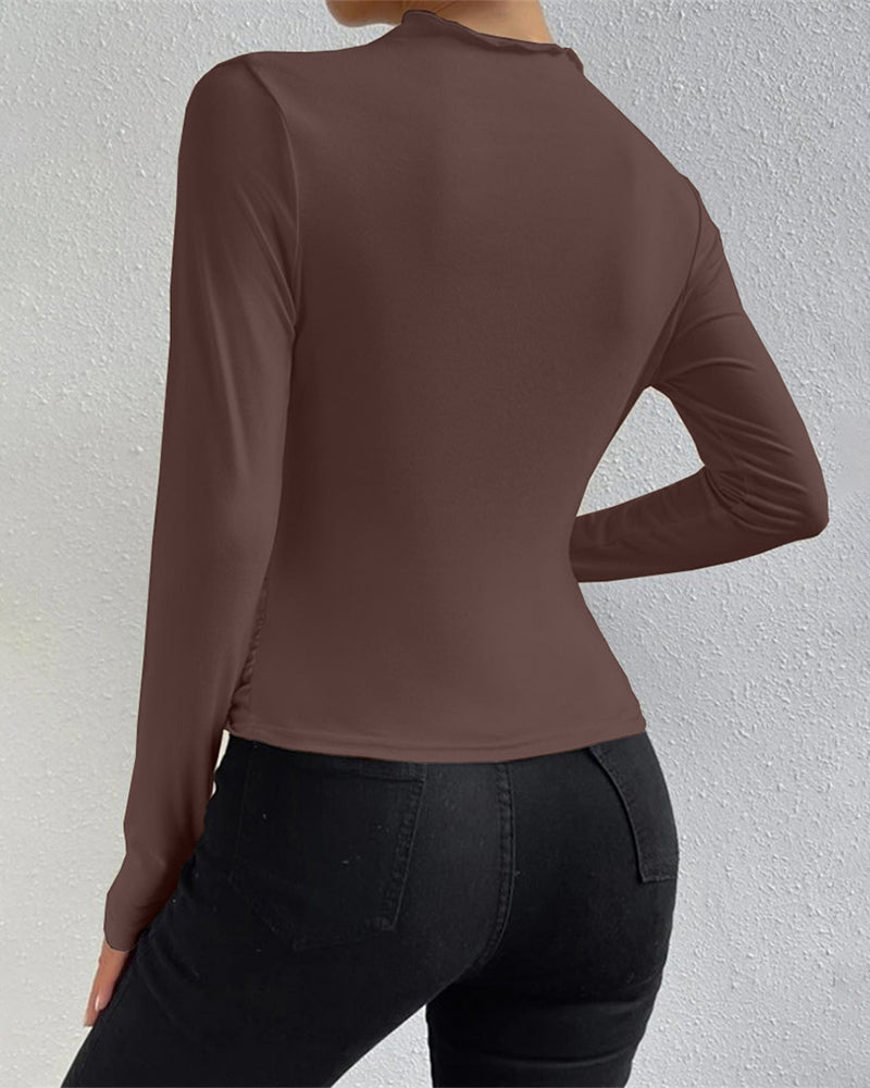 Slim Fit Ruched High-Neck T-Shirt Top