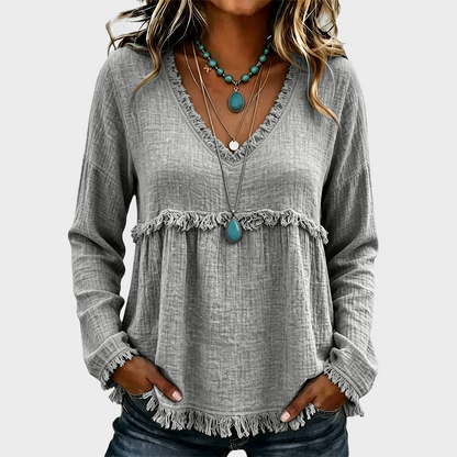 Women’s Boho V Neck Long Sleeve Fringe Top