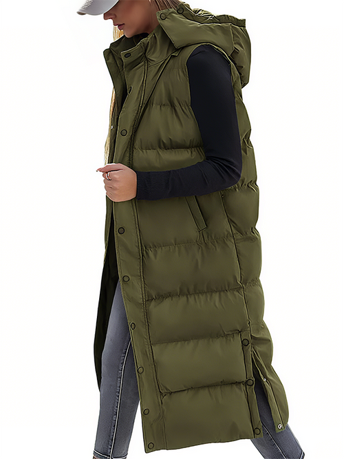 🔥 Women's Long Puffer Vest | Quilted Hood & Button Closure ❄️