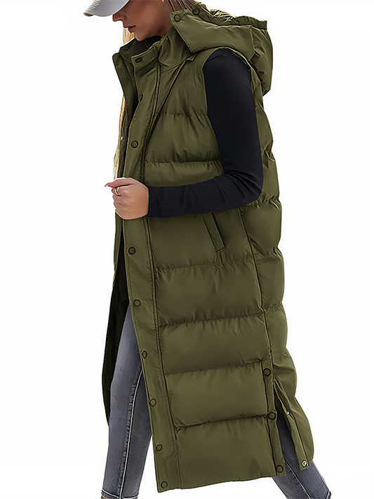 🔥 Women's Long Puffer Vest | Quilted Hood & Button Closure ❄️