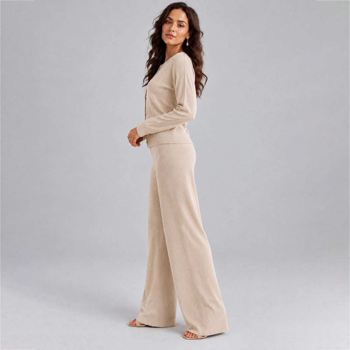 Women's Casual Knit Sweater Set Round Neck Wide Leg Pants