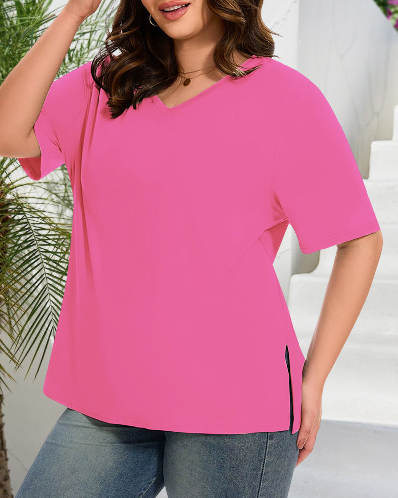 Women's Plus Size Basic Sleeve V-Neck T-Shirts